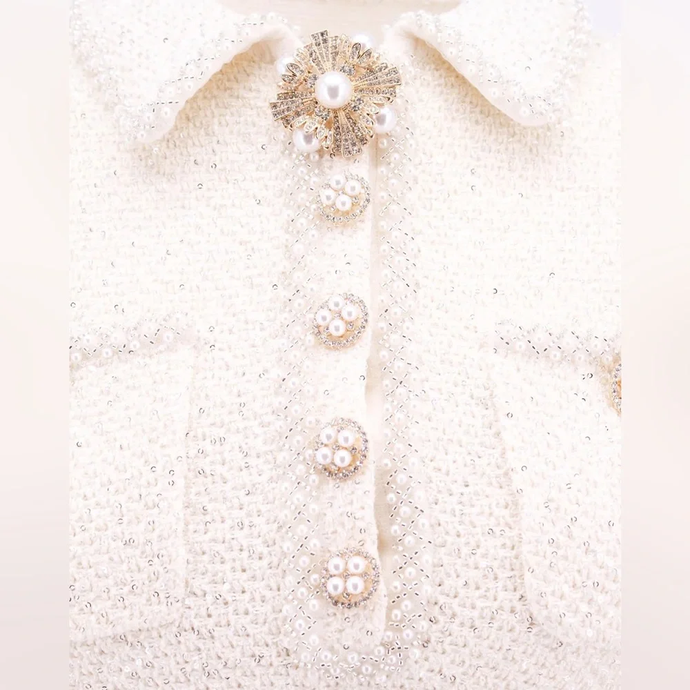 Self Portrait 2023 collection Cream Sequin Knit Pearl Mini Dress Size M - Picture 7 of 11